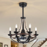22-Inch Farmhouse Chandelier Ceiling Fan with Light and Remote – 7 ABS Blades for Powerful Airflow, Black Metal Frame with Wood Accents & Decorative Beads, Reversible DC Motor, 6-Light E12  Bulb Base, Forward/Reverse Airflow, Timer Function